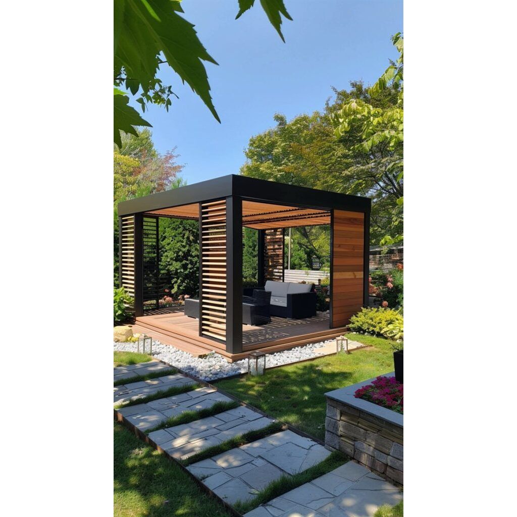 gazebo taman minimalis modern , gazebo kayu jati , gazebo pargola taman , saung gazebo taman minimal