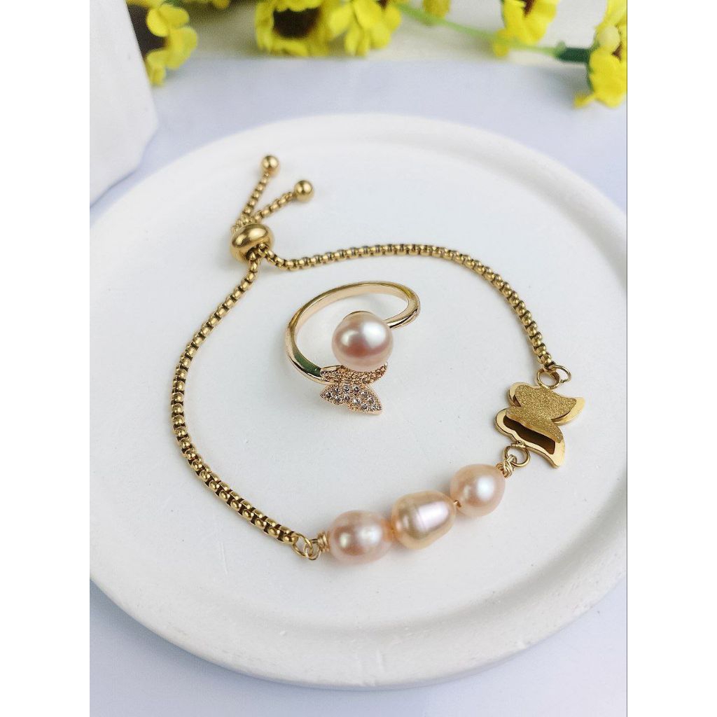 Rumy Pearl Set Gelang serut Titanium model kupu-kupu + Cincin Rhodium mutiara air tawar asli