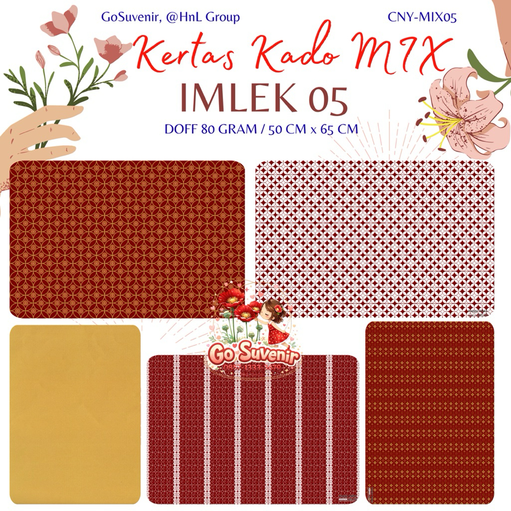 ( 5 Lembar ) IMLEK SANWA - KERTAS KADO CHINESE NEW YEAR SANSAN WAWA / BUNGKUS KADO TAHUN BARU CHINA 