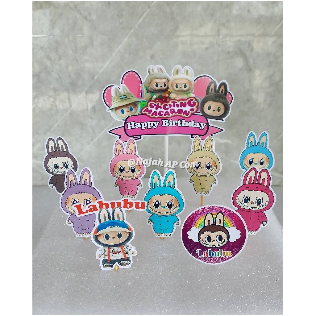 Topper Labubu / Topper cake karakter Labubu / Topper Happy Birthday / Topper kue Ulang Tahun