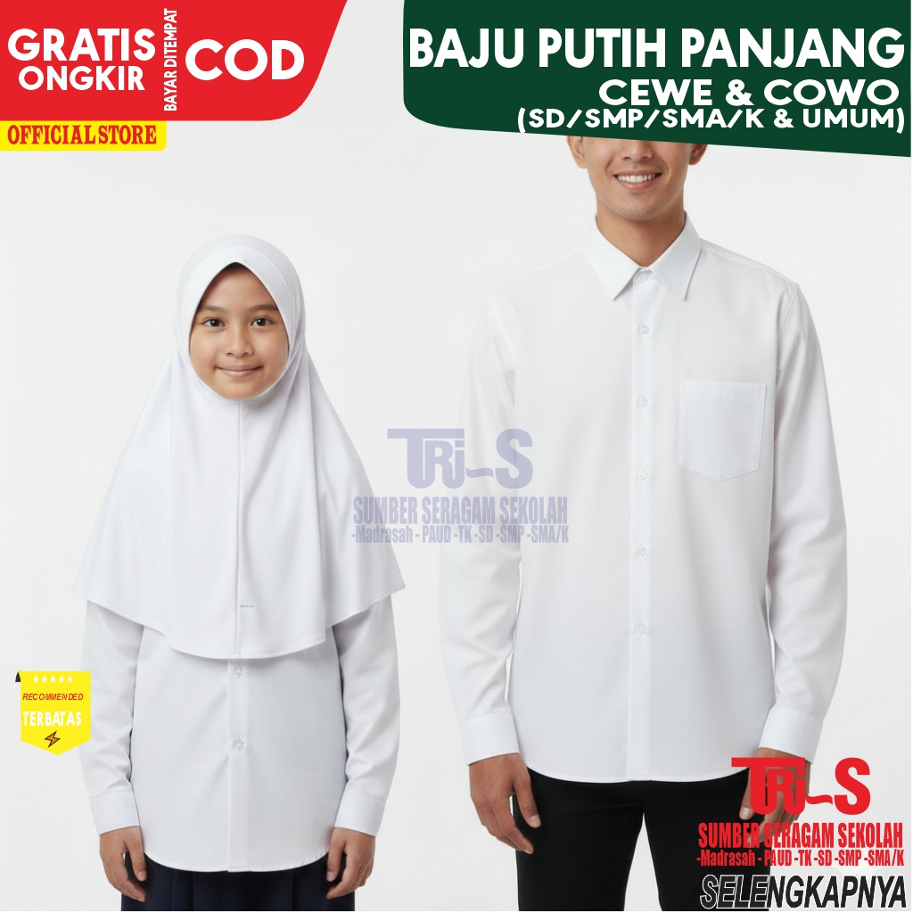 Seragam Sekolah Putih Lengan Panjang Polos | Seragam Sekolah Panjang Baju Putih Besar Tahan Lama