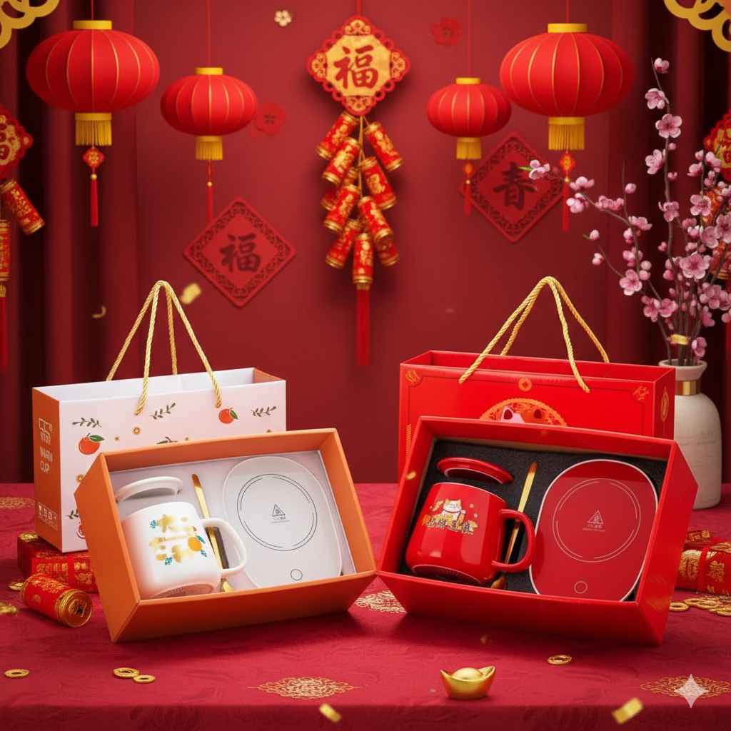 Promo Hampers Imlek Cangkir Gelas Set Keramik Hadiah Natal Pemanas Cangkir Mug Coffee Warmer