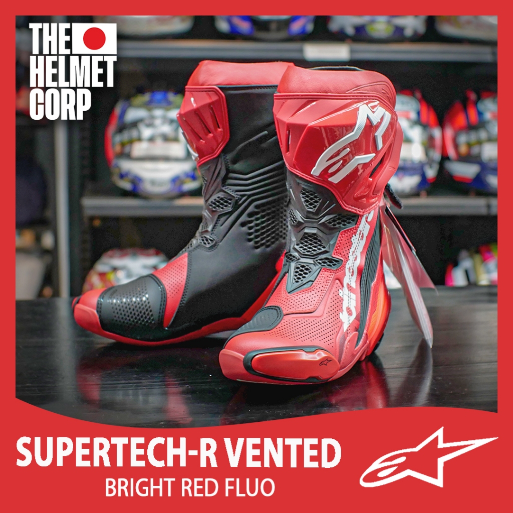 SEPATU ALPINESTARS SUPERTECH-R BRIGHT RED FLUO RACE SHOES ORIGINAL TRACKDAY SHOES ALPINESTAR