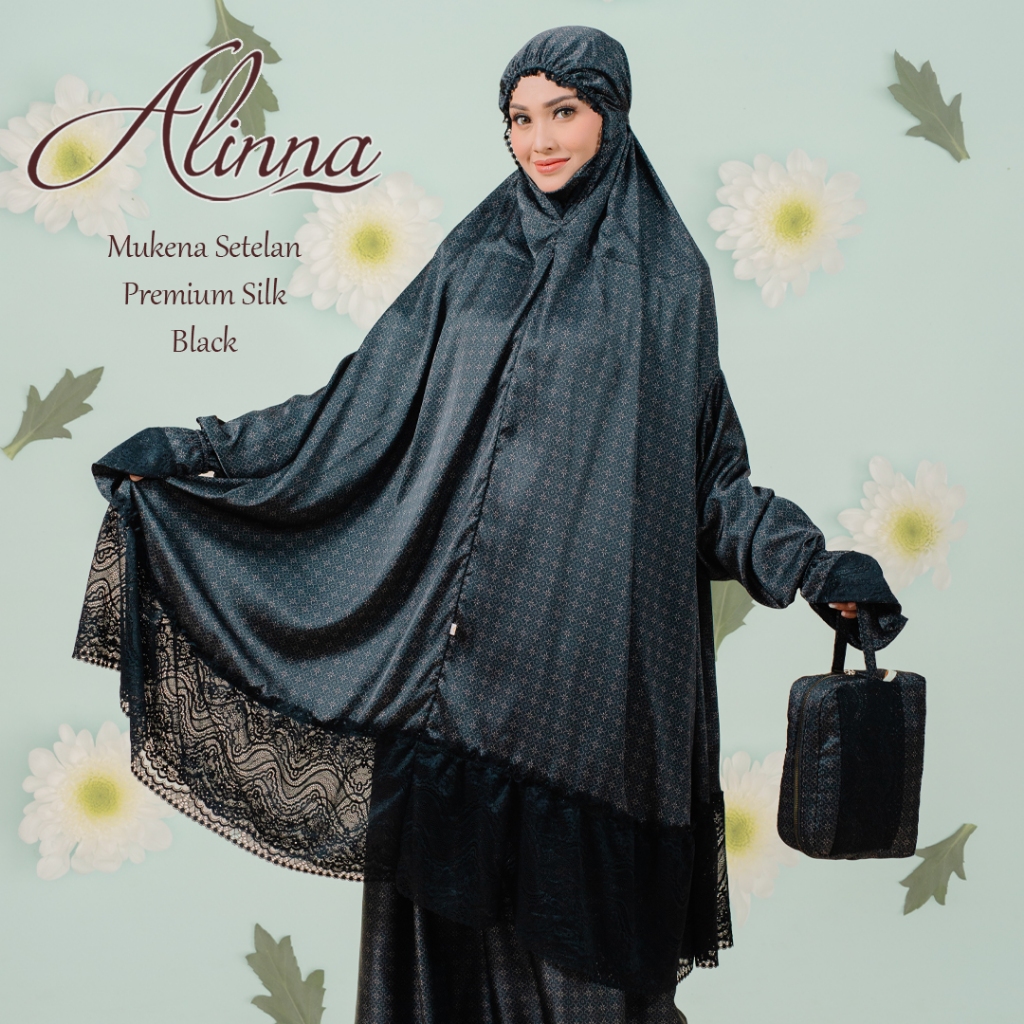 Mukena Alinna Setelan Potong Atas Bawah Berlengan Tangan Dagu Premuin Silk Sutra Umroh Haji Ihram