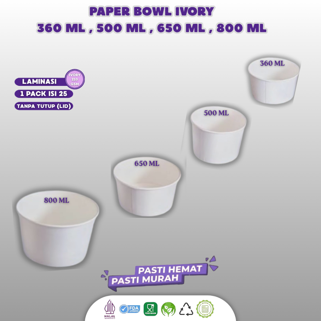 (25 Pcs) Paper Bowl 360ml 500ml 650ml 800ml Food Grade / Rice Bowl Ivory Laminasi / Paper Bowl Food 