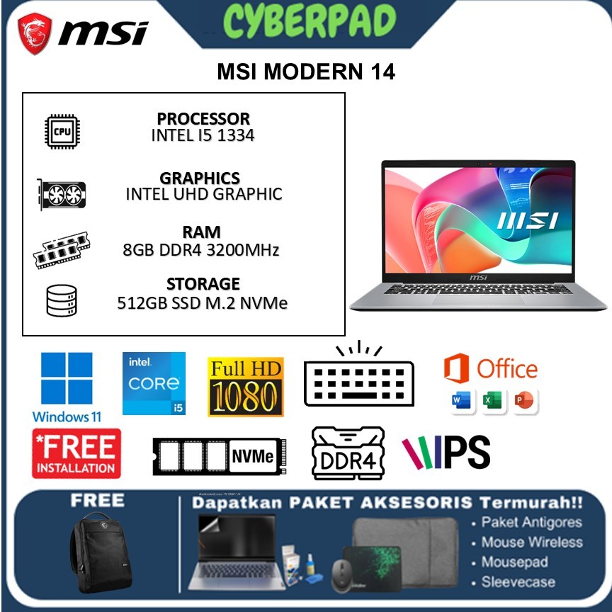 Laptop MSI MODERN 14 I5 1334 8GB 512GB W11 14.0FHD BLIT New
