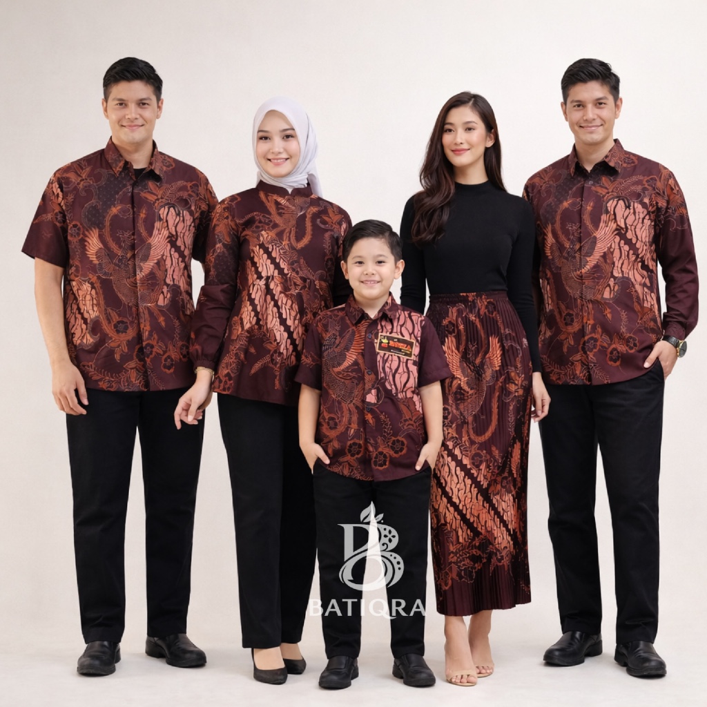 BATIQRA - Batik Couple Set Sarimbit Keluarga Motif Sultan Mahogany Coklat Rok Blouse Kemeja Anak
