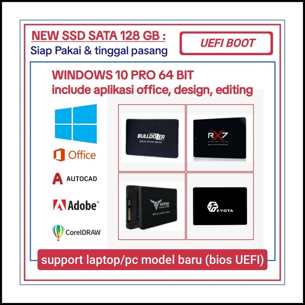 SIAP PAKAI | NEW SSD SATA 128GB WINDOWS 10 & APLIKASI | UEFI BOOT
