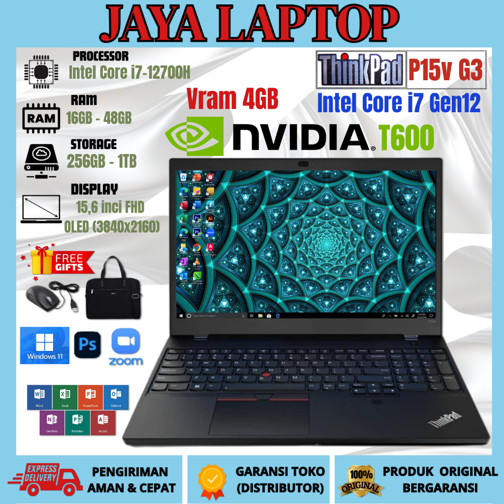 LAPTOP LENOVO THINKPAD P15V Intel Core i7 Gen12 Nvidia T600 Vram 4GB RAM 48GB / 2TB FREE TAS DAN MOU