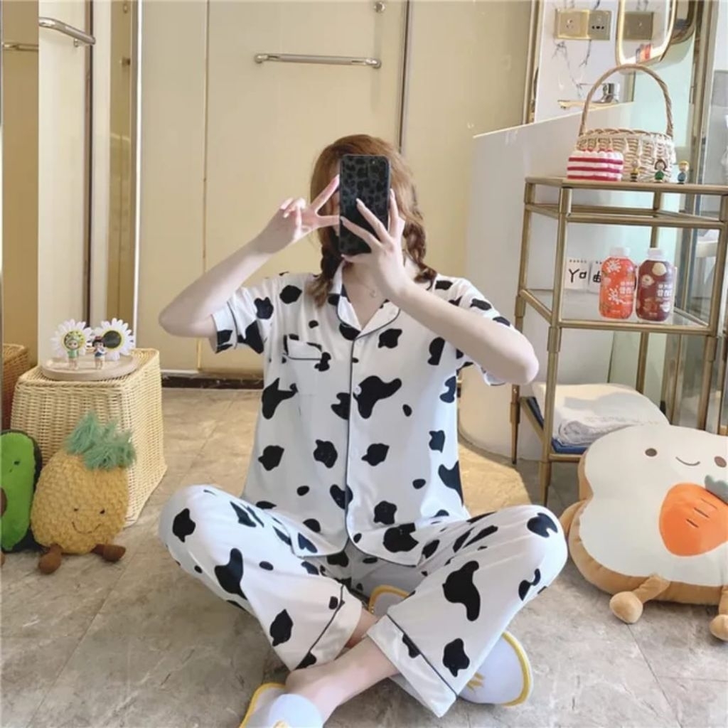 Piyama Premium Bajua Tidur Wanita  Korea Lengan Pendek Motif Sapi Baju Tidur Remaja Dewasa Kancing L