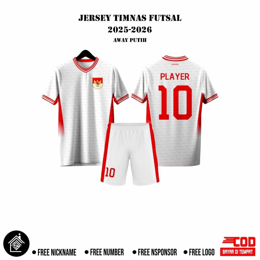 BAJU JERSEY TIMNAS FUTSAL PUTIH AWAY TERBARU CUSTUM NAMA FULL PRINTING PREMIUM