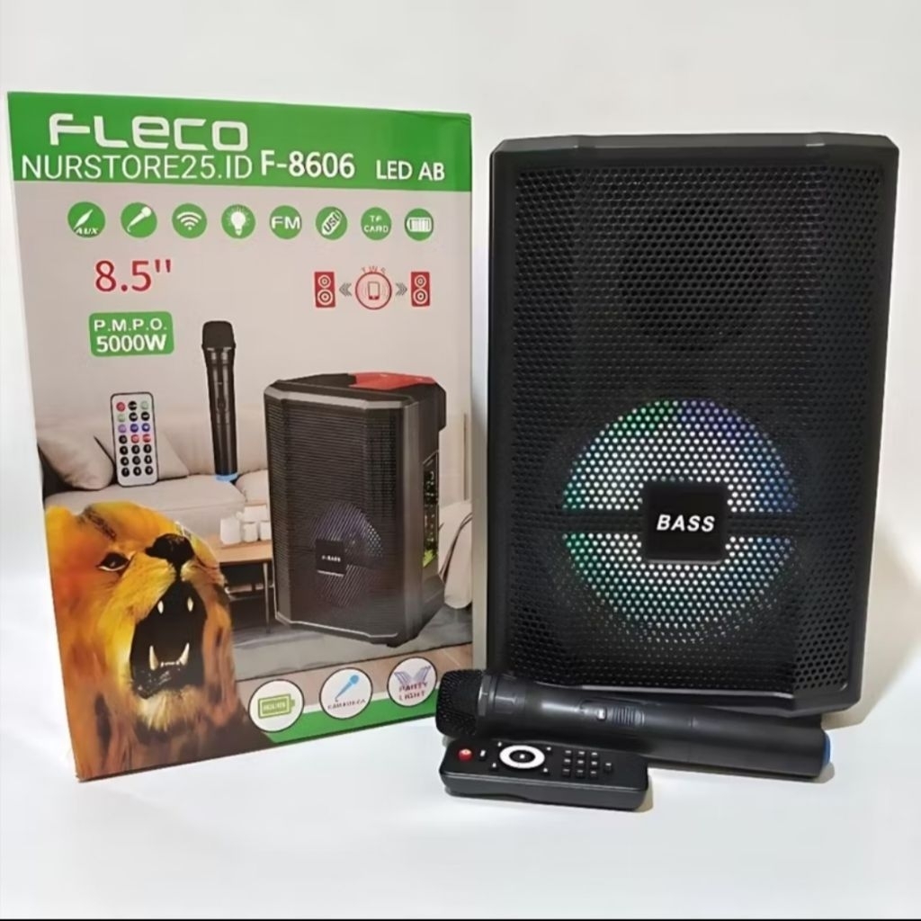 COD SPEAKER BLUETOOTH FLECO F-8606 LED AB 8,5 INCH FREE MIC WIREELESS SPEAKER KARAOKE TERMURAH FLECO