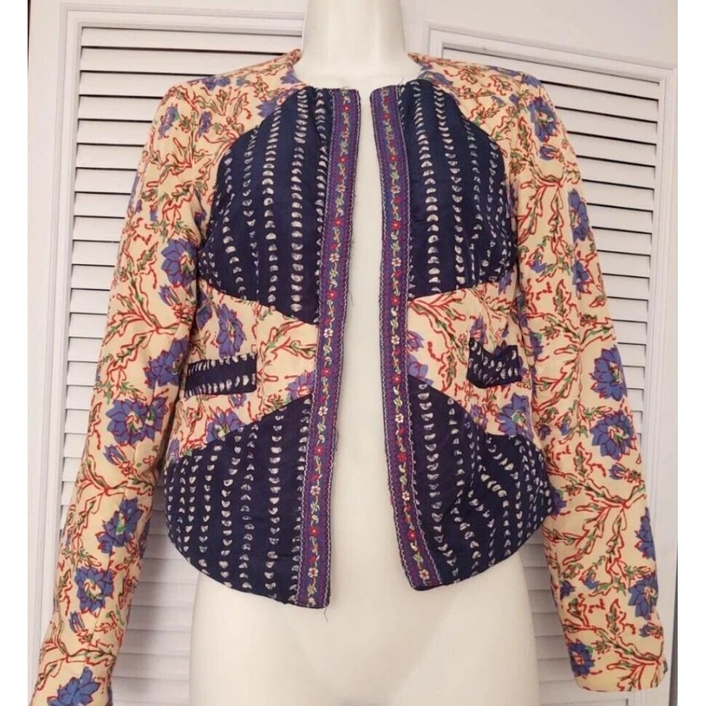 preloved Blazer Asos Blue Floral Color blocked Padded Quilted Open Front Jacket Size 2 jaket
