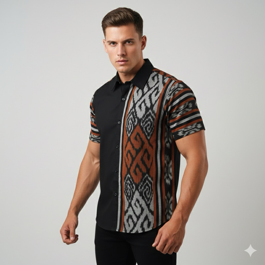 Kemeja Tenun Pria Casual Lengan Pendek Kombinasi Katun Toyobo Terbaru - Hem Tenun Troso Jepara