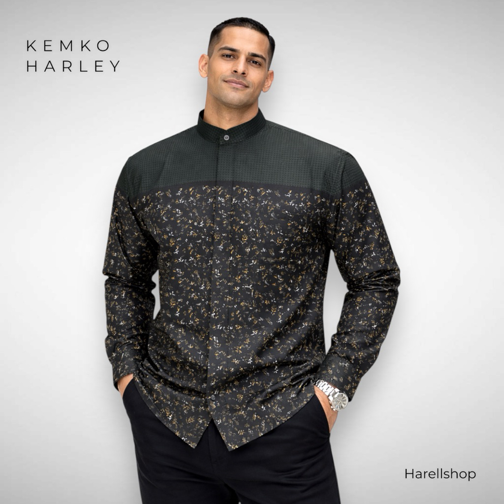 Kemko Harley Motif Corak Premium Warna Hijau Tua | Kemeja Koko Pria Lengan Panjang Elegan