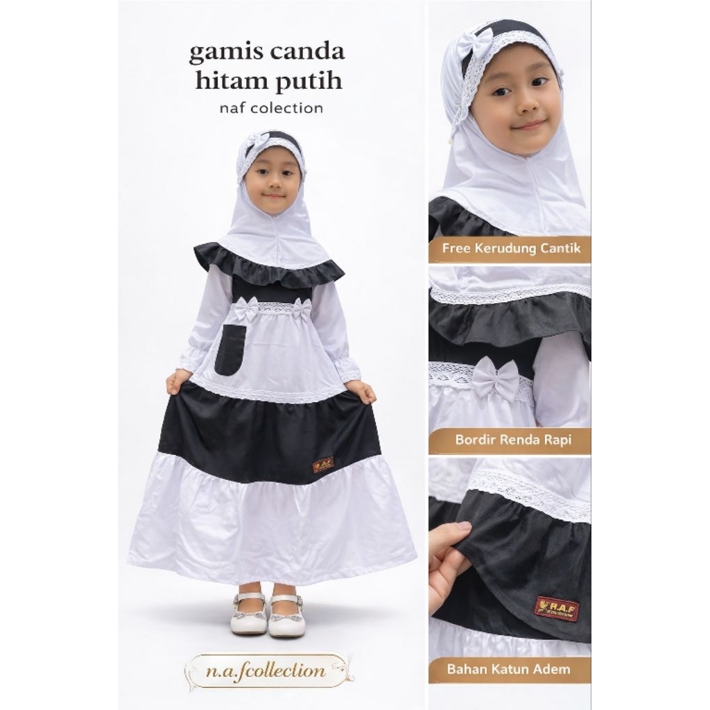 gamis anak hitam putih polos renda//baju muslim anak//seragam hitam putih polos