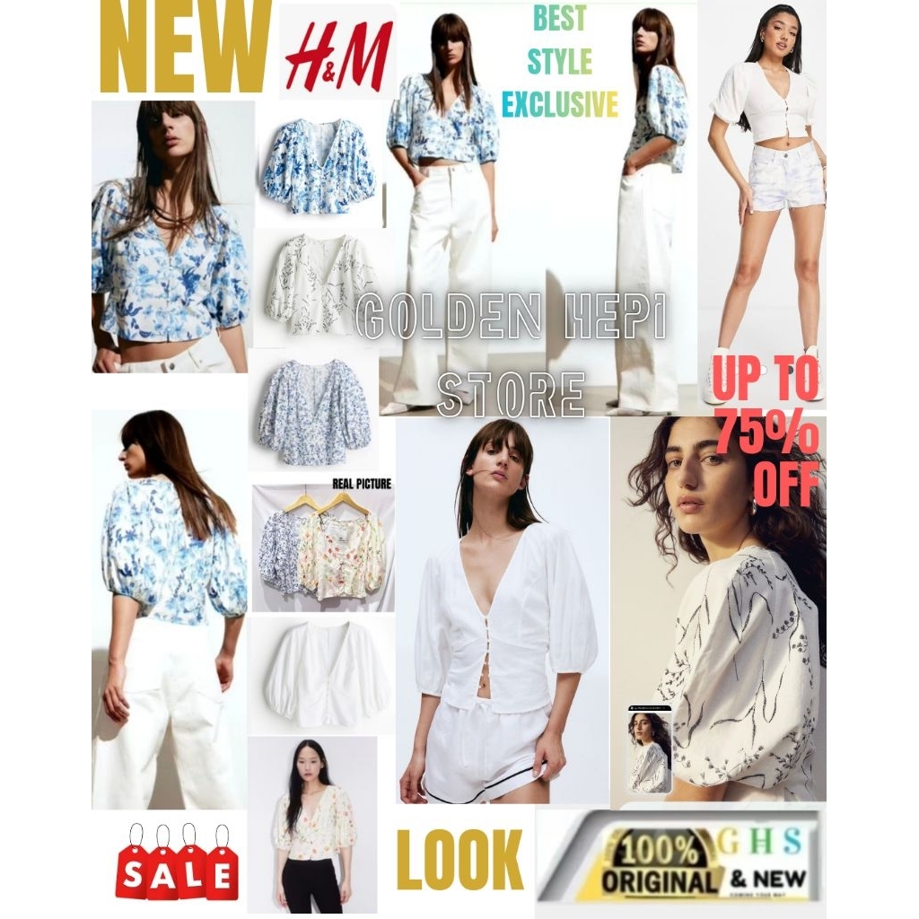 BLOUSE V-NECK   LINEN  Lengan BALOON H**M CROP TOP WHITE FLORAL