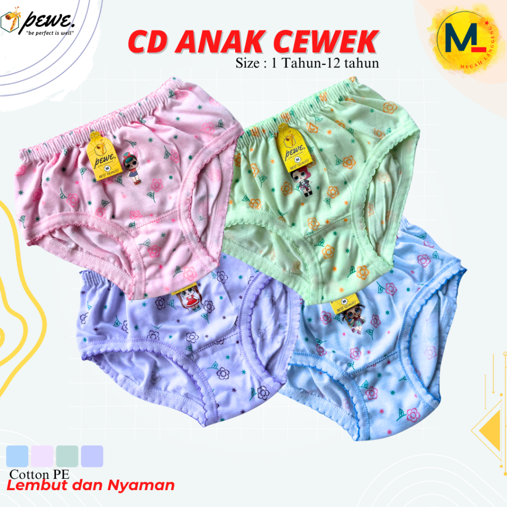 12 Pcs Grosir CD Karakter Bunga Full Print cewek umur 1-10 tahun Tebal Murah merek Pewe | Celana Dal