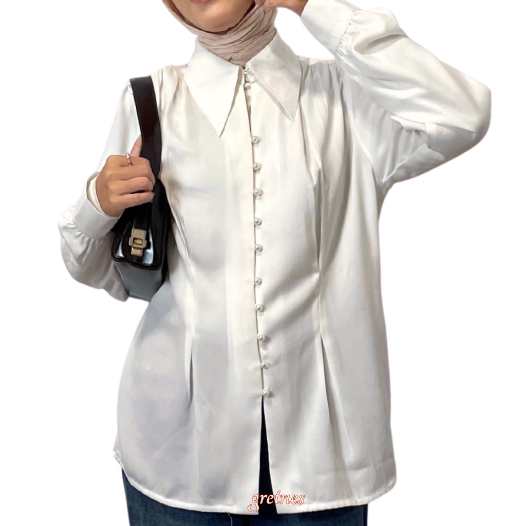 gretnes - Ayash Blouse Tunik | Premium Cotton Silk | Kancing Mutiara | Lengan Panjang | Bahu Puff Ke