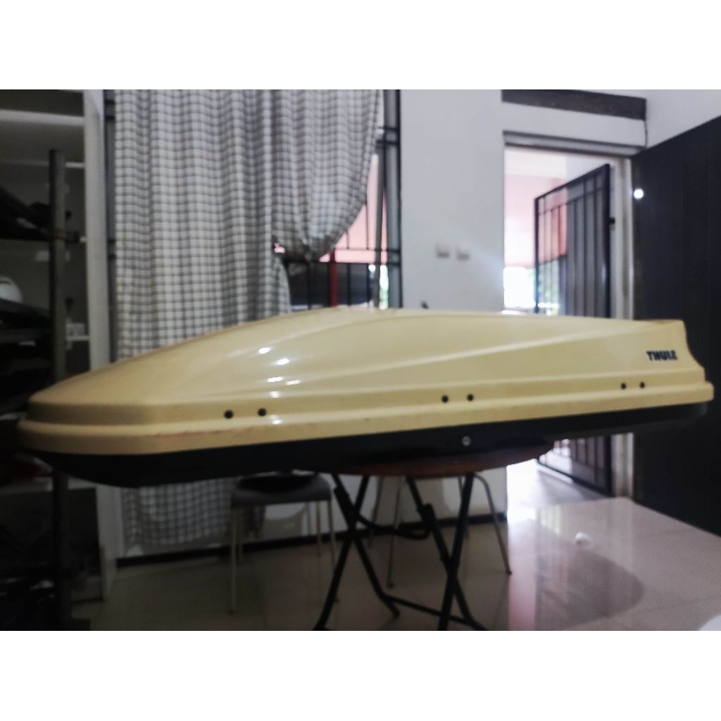 Roofbox Royal 600 liter rebranding Thule Touring Putih Gading bekas sewa dual side opening second