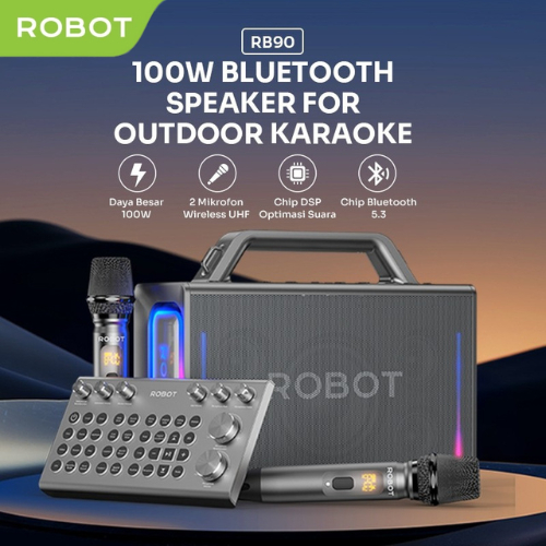 ROBOT Speaker Karaoke Outdoor Tahan Pemutaran 24Jam Cahaya RGB IPX6 100W Powerfull Bass with 2 Micro