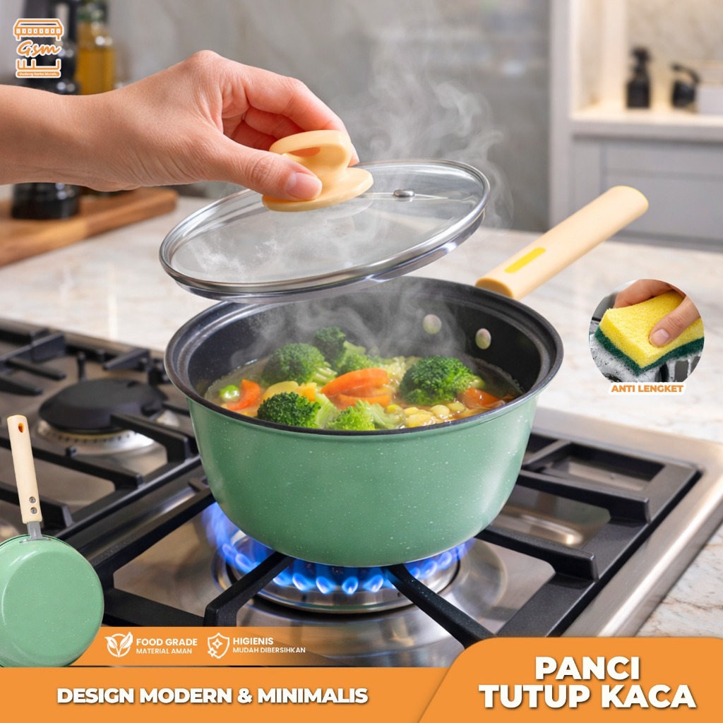 GSM Panci Kuah Enamel Tutup Kaca dan Teflon Anti Lengket 18cm,20Cm,24cm / Panci sup Warna Dengan Tut