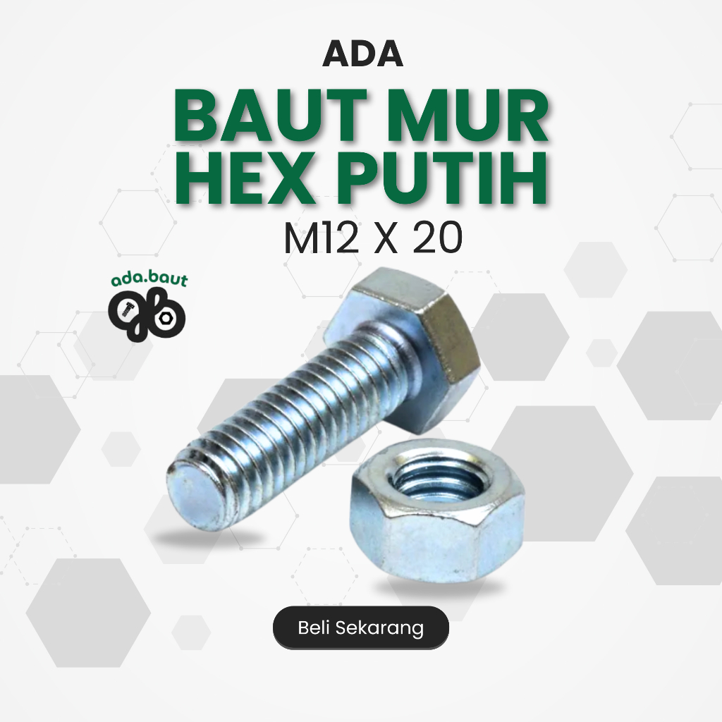 Adabaut baut mur hex putih M12x20/ baut putih M12x20