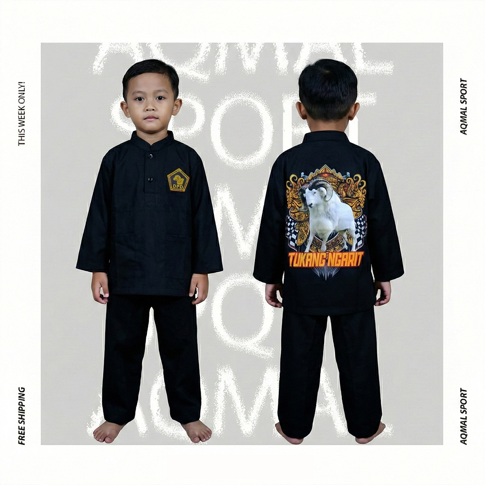 Setelan Baju Pangsi Anak Usia 1-8 Tahun, Motif Printing Domba Adu "Tukang Ngarit"