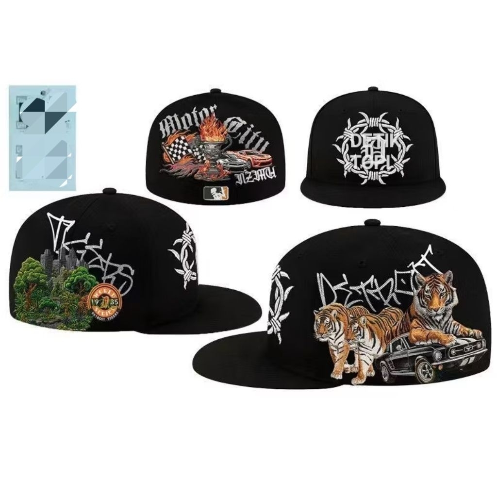 Topi Fitted Detroit Tigers Detroit x NZMU Black White Hitam Putih Logo Bordir Build Up Caps Fit