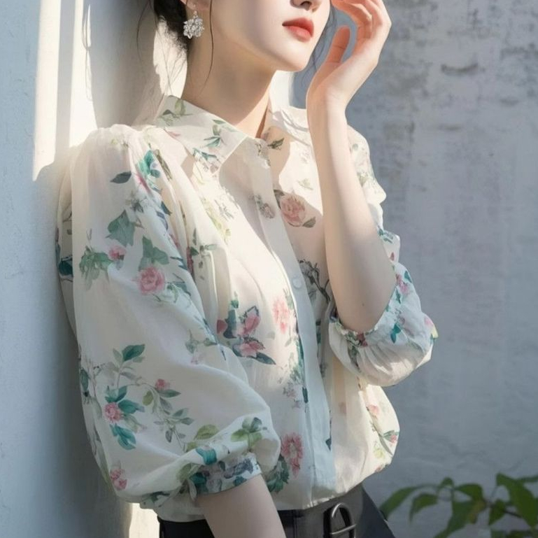 [Saror]Blus sifon putih bermotif bunga gaya Prancis baru