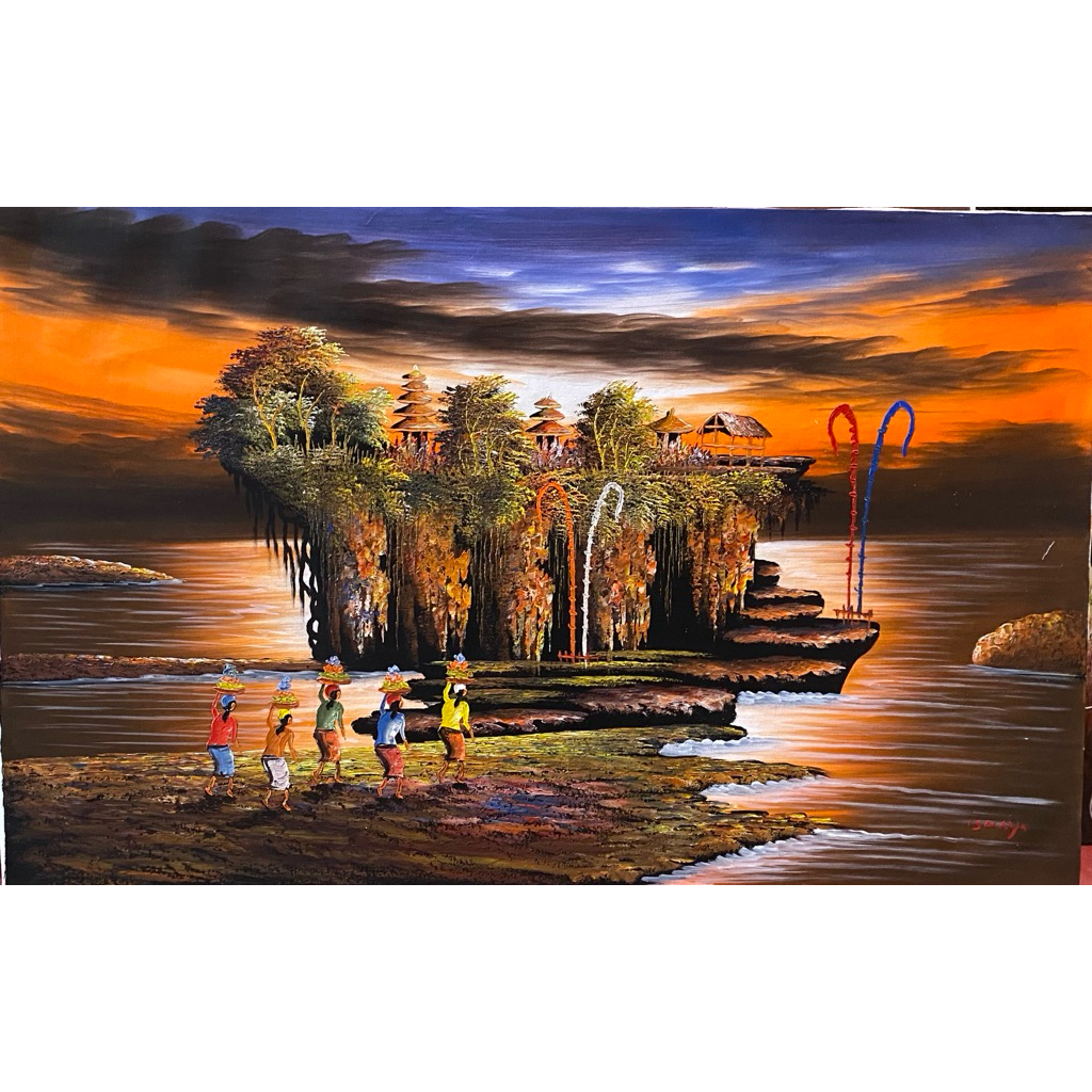 Lukisan Pemandangan Pura Tanah Lot Bali, Lukisan Canvas, Suasana Sunset, Lukisan Asli Bali