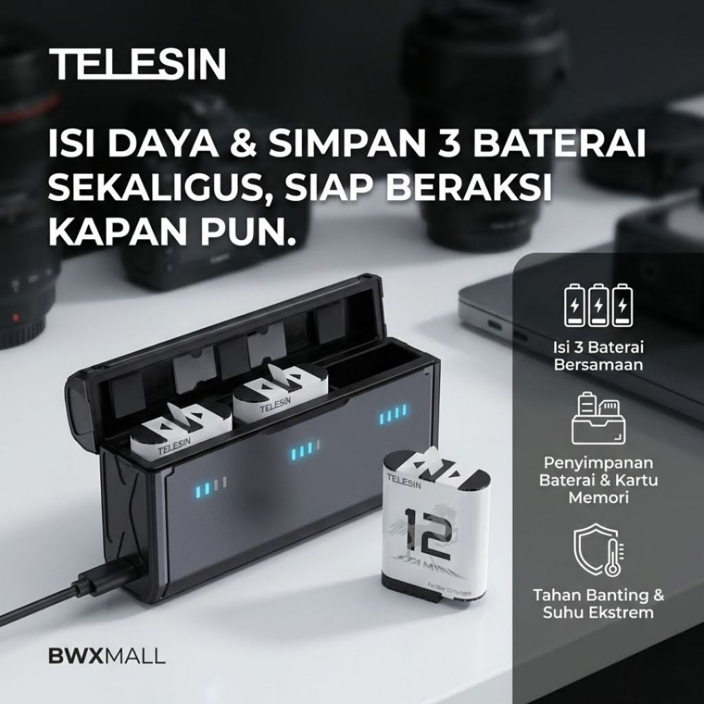 Charger Baterai GoPro Hero 9 10 11 12 TELESIN Kotak Pengisi Daya 3 Slot Gratis 2 Baterai Stamina Hig