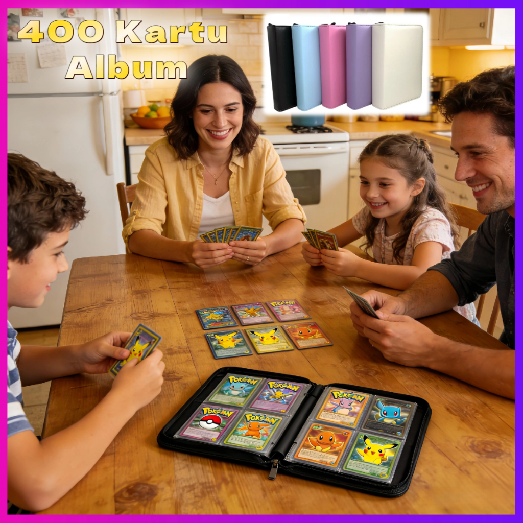 Album Kartu Pokemon 400 Kartu Bahan PU Leather Waterproof Resleting isi 50 Lembar Sleeve Binder Kole