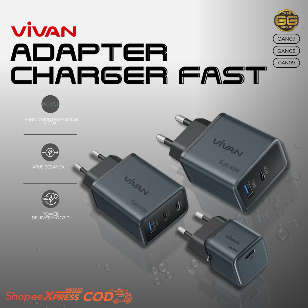 ADAPTER CHARGER VIVAN USB C GAN07 65watt//GAN0845watt//GAN0930watt