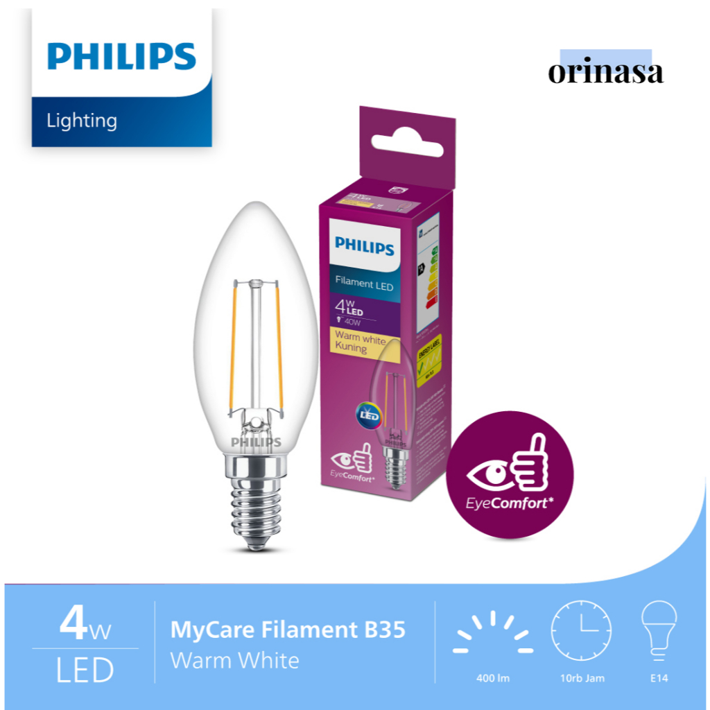Lampu Filament LED Candle Philips E14 4W 4 Watt Warm White Kuning 3000K