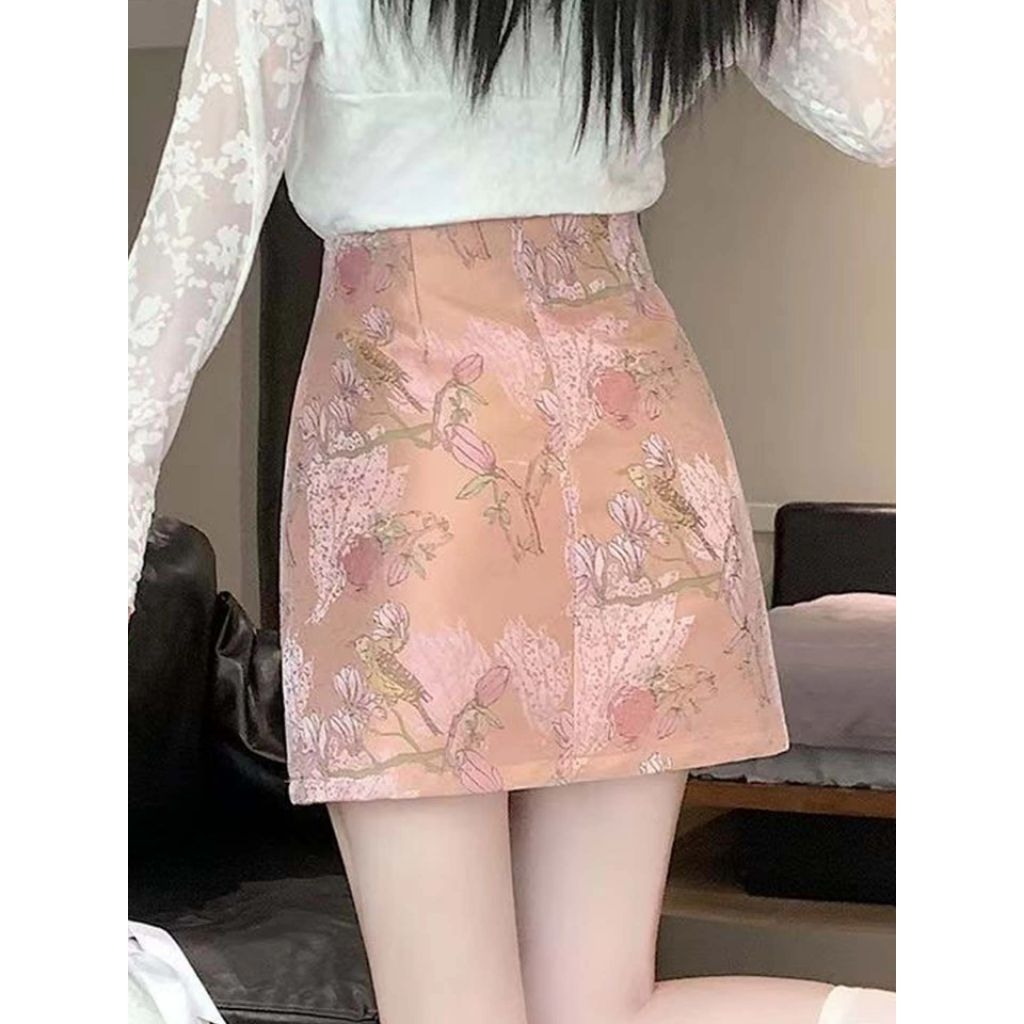 Rok midi mini jacquard gaya cina terbaru modis awet muda serbaguna rok bodycon pinggang tinggi rok l
