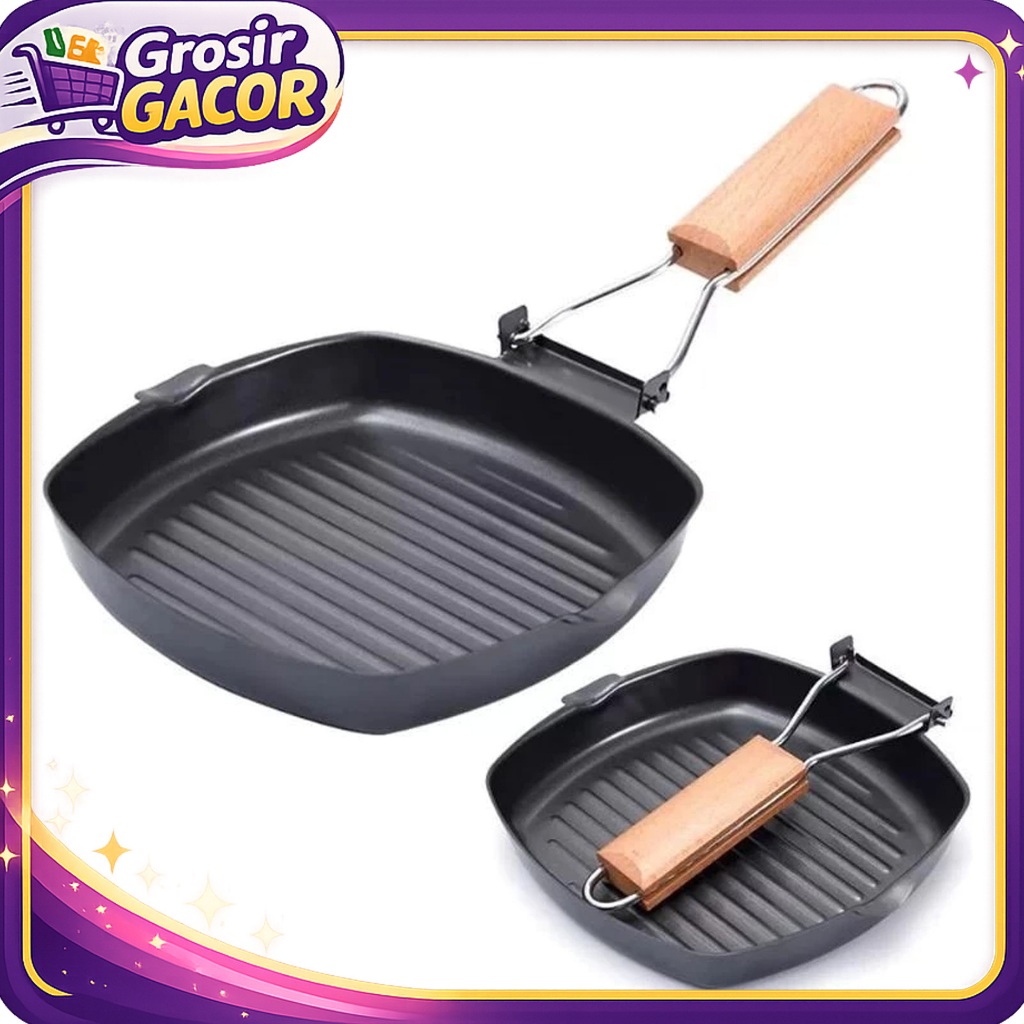 Square Grill Pan Teflon Wajan Panggang Anti Lengket BBQ Dengan Pegangan Kayu untuk Memasak Telur Sos