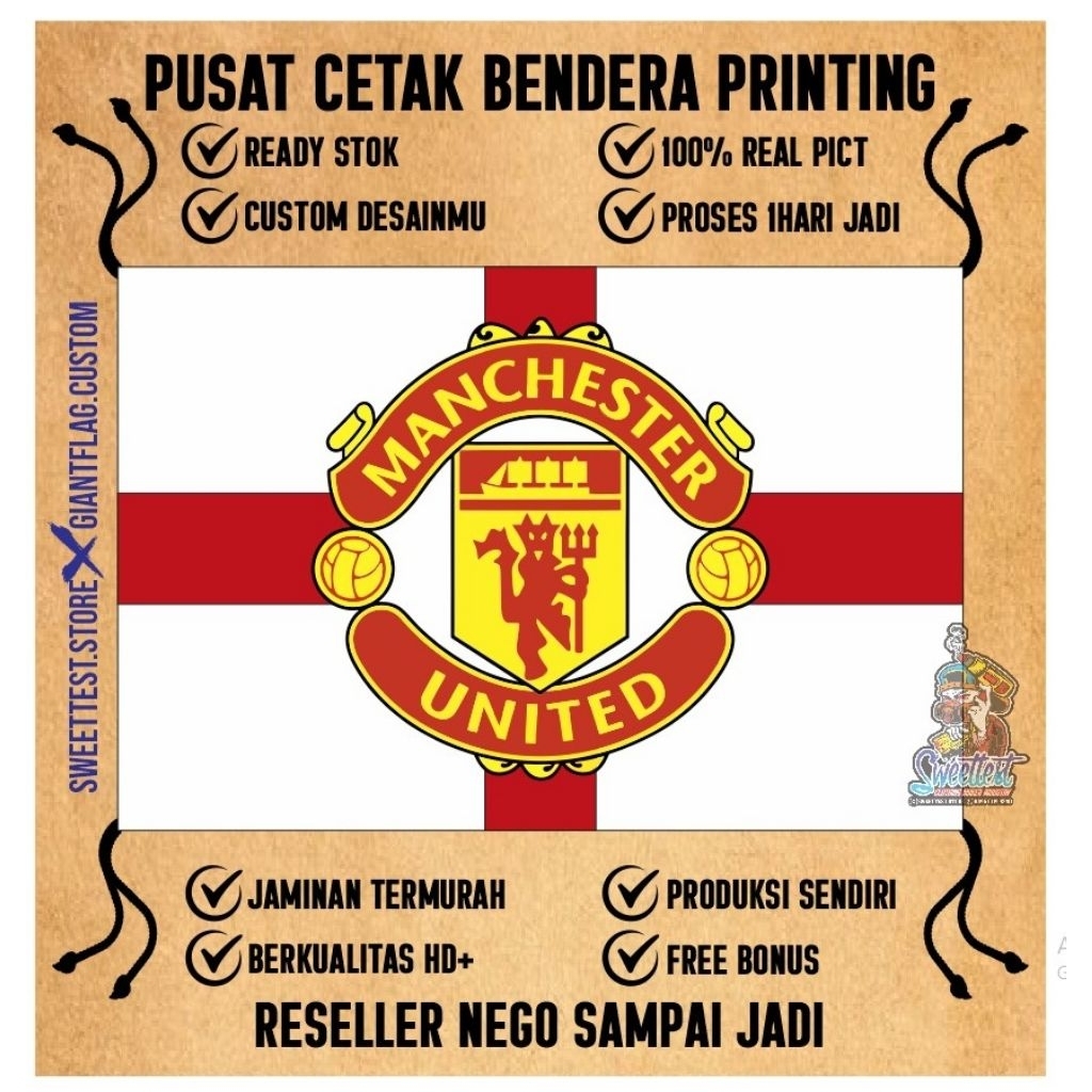 BENDERA 200x300cm, FREE FLAG, STICKER, KUPON BERHADIAH, FLASH SALE, BENDERA PRINTING MANCHESTER UNIT