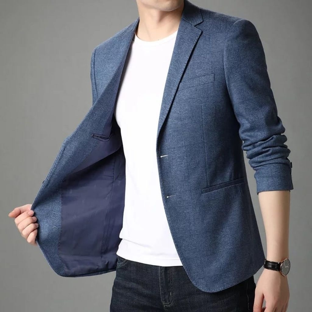 Jas Denim Pria elegan blazer Denim Cowok