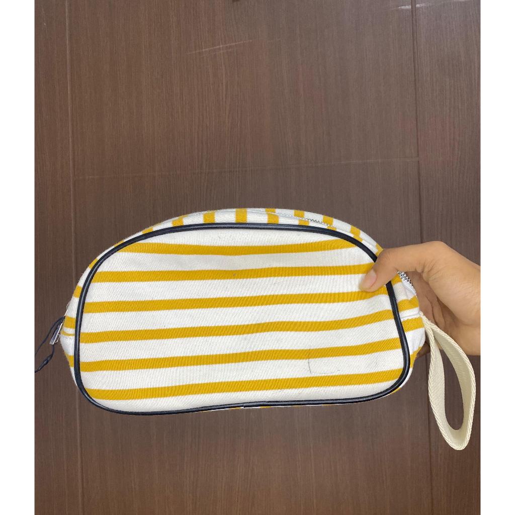 ZARA yellow and white striped canvas cosmetic or clutch bag