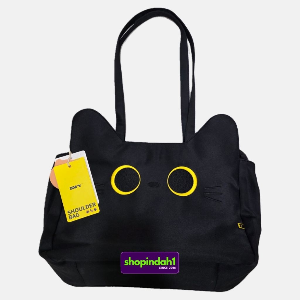 O.O MEOW MR DIY [8900335] Black cat shoulder tote bag fabric 34 cm new tag - Tas bahu kepala telinga
