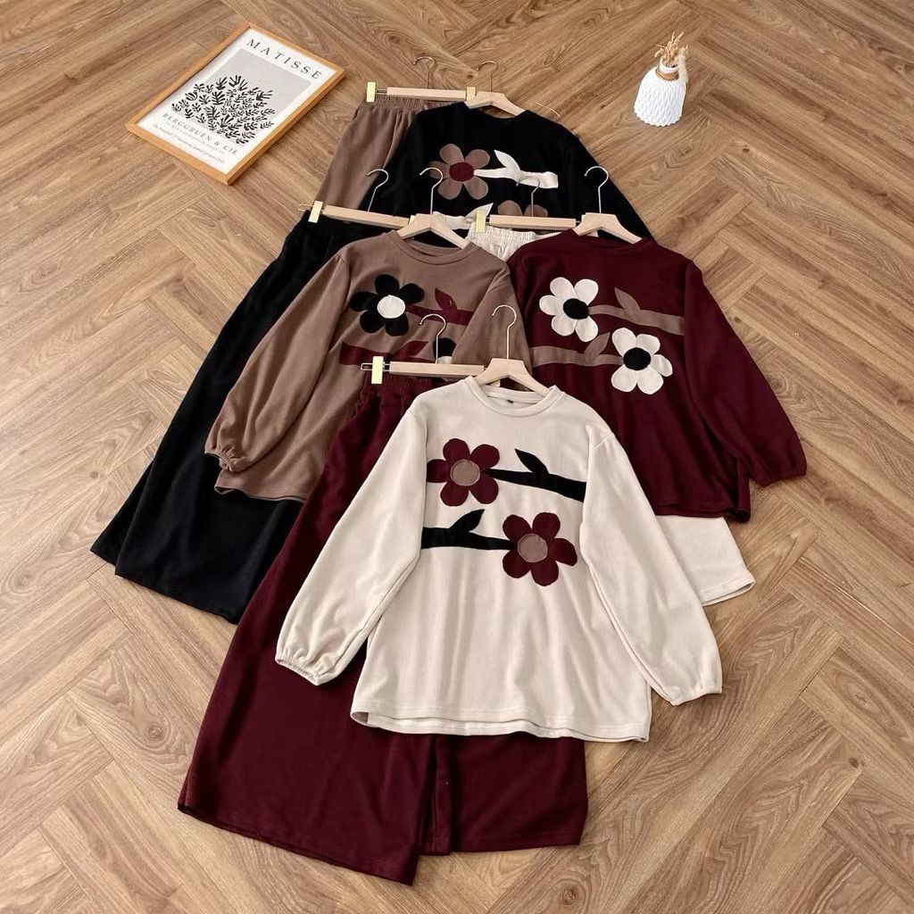 One Set Knit Wanita Motif Bunga - Setelan Lengan Panjang Bahan Snowy Lembut