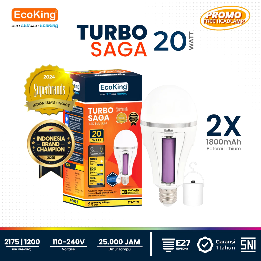 Lampu Darurat EcoKing Bohlam Rumah LED Turbo Saga EMERGENCY Tahan Lama 20W Cahaya Putih (DC 3 Level)