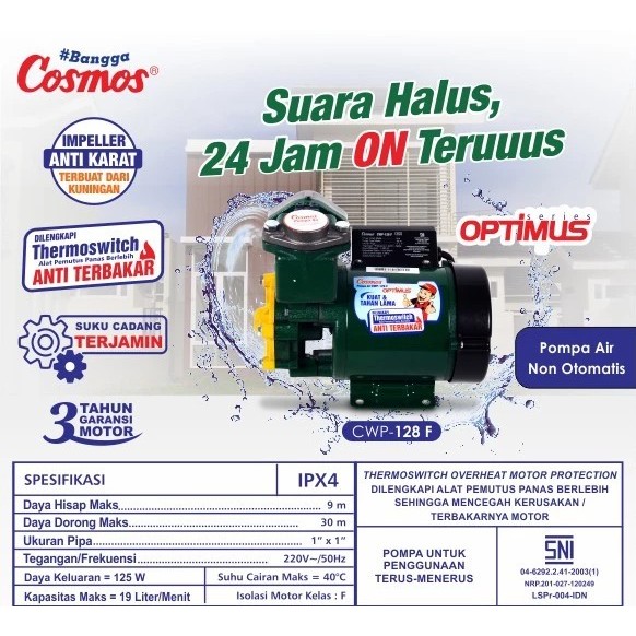 Pompa Air Non Otomatis Cosmos Optimus CWP-128 F, Suara Halus, Anti Karat, IPX4