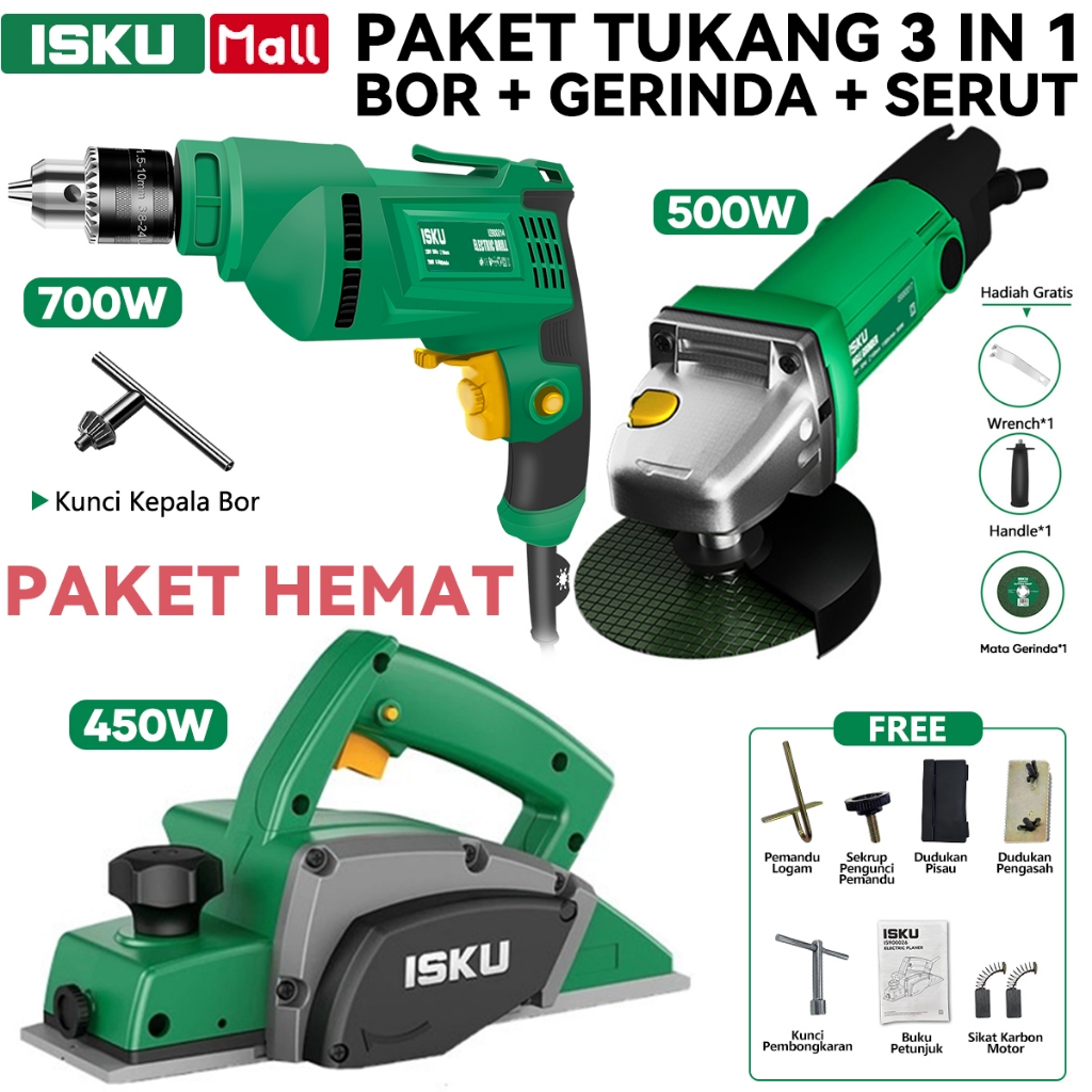 ISKU Paket Power Tools 3 in 1 Mesin Bor Listrik 10mm Gerinda Tangan Mesin Serut Kayu Planer Ketam Su
