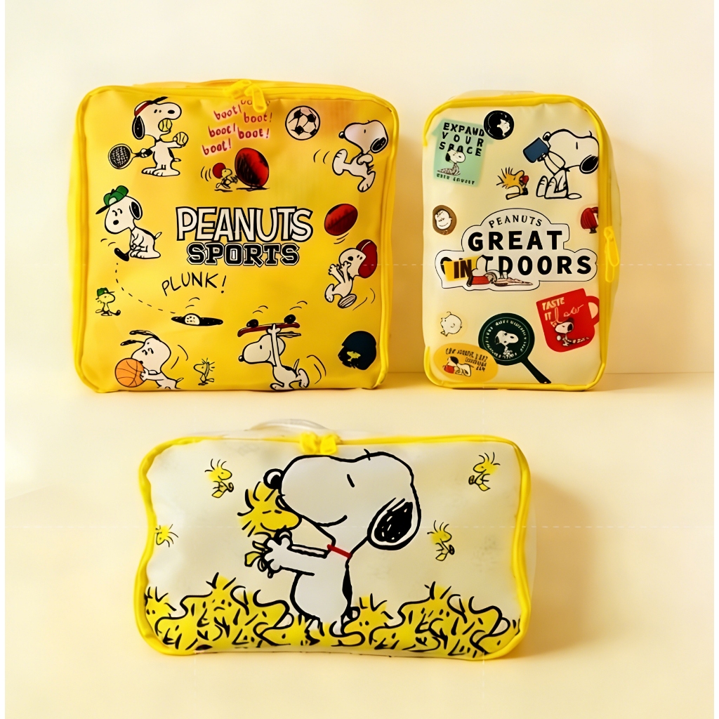 Tas Organizer Snoopy Jepang Set 3 Pcs Anti Air Mudah Dilipat Kosmetik Travel Anak