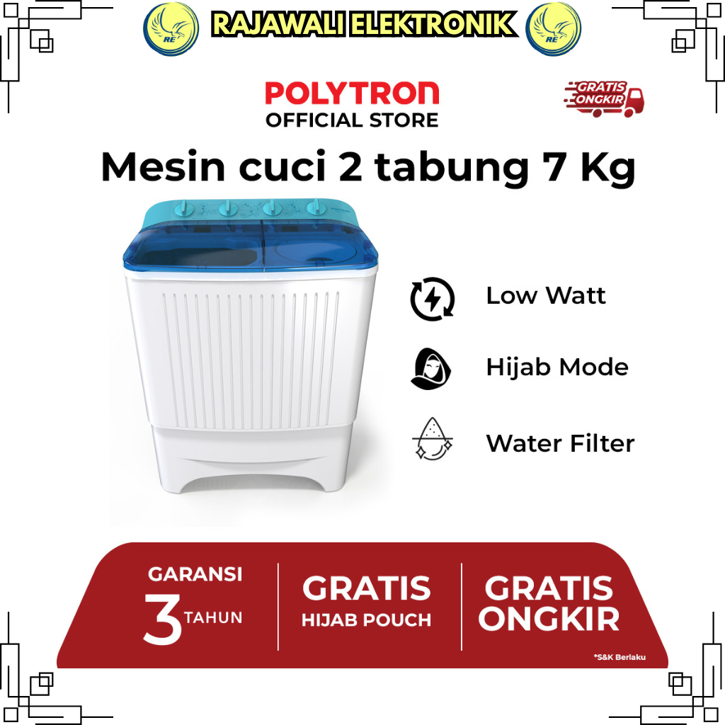 INSTANT READY Polytron Mesin Cuci 2 Tabung 7KG PWM-7072B / PWM 7072 B / PWM7072