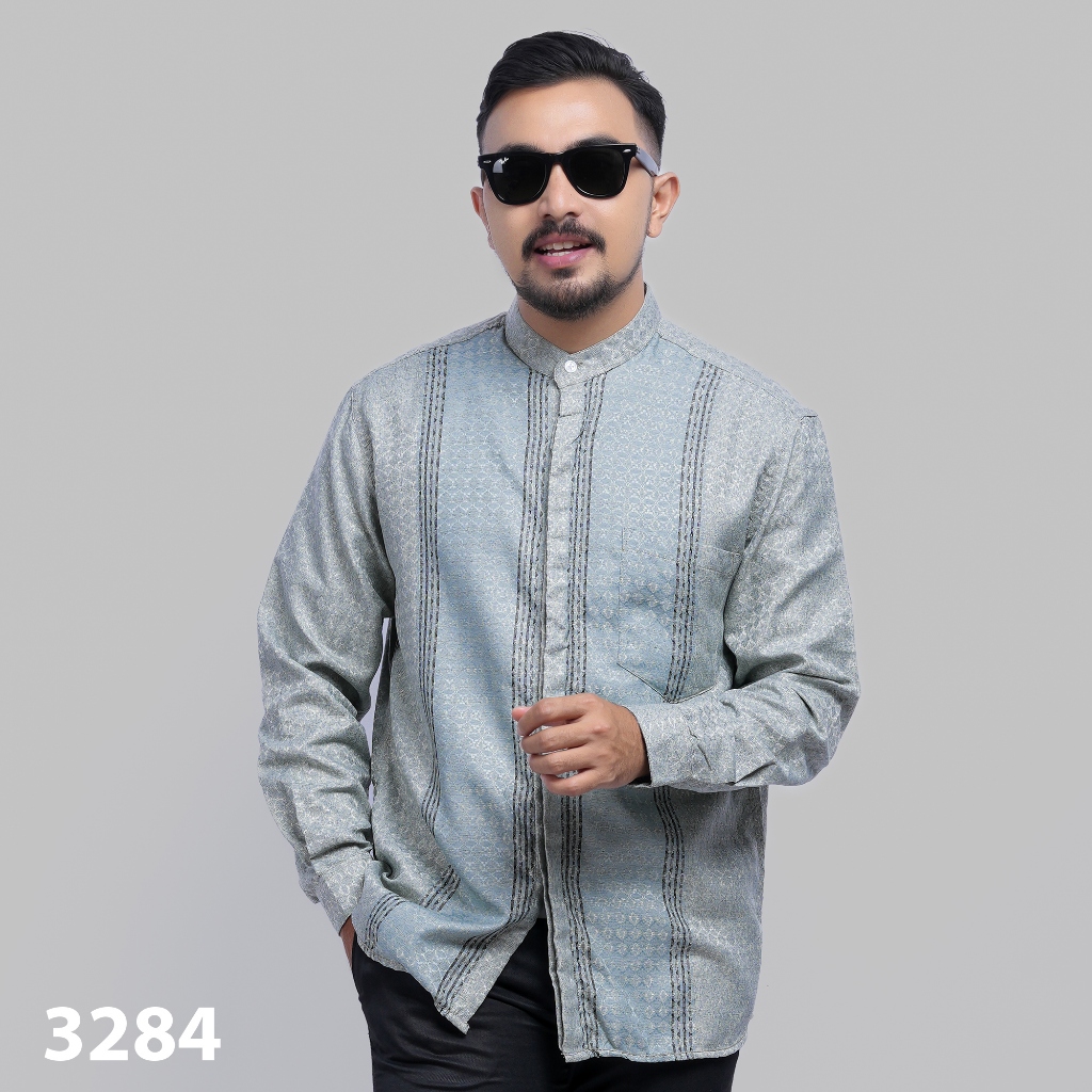 DGM Baju Koko Pria Lengan Panjang Premium Biru Wardah Motif Diagonal Garis Hitam Zayyan Series 3284