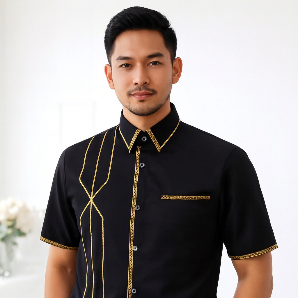 Kemeja Pria Hitam Premium kombinasi benang smock/Timbul Dan Jigzak Gold kain Katun Toyobo