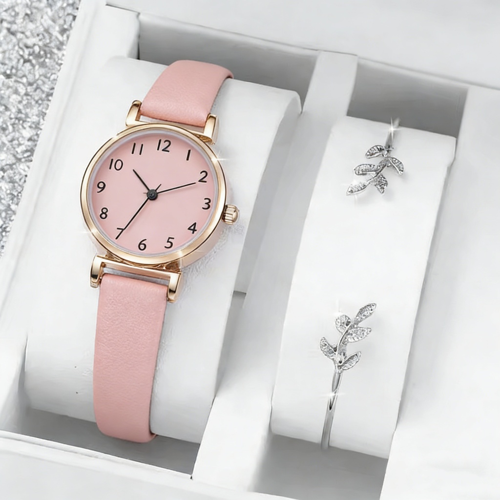 Jam Tangan Wanita Dengan Gelang, Dial Kecil, Dan Tali Kulit, Set Jam Tangan Kuarsa Jam Tangan Wanita